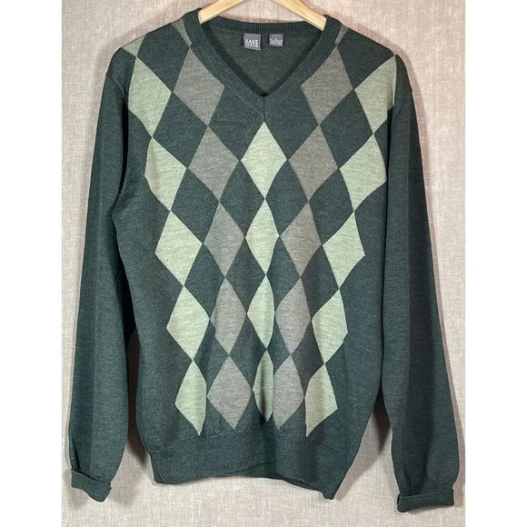 Saks Fifth Avenue 100% Extra Fine Merino Wool Mens Sweater Argyle Green M V neck - Picture 1 of 11